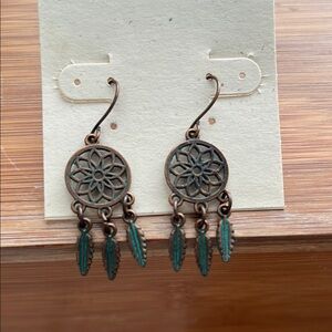Bohemian Dreamcatcher Earrings - Bronze and Teal